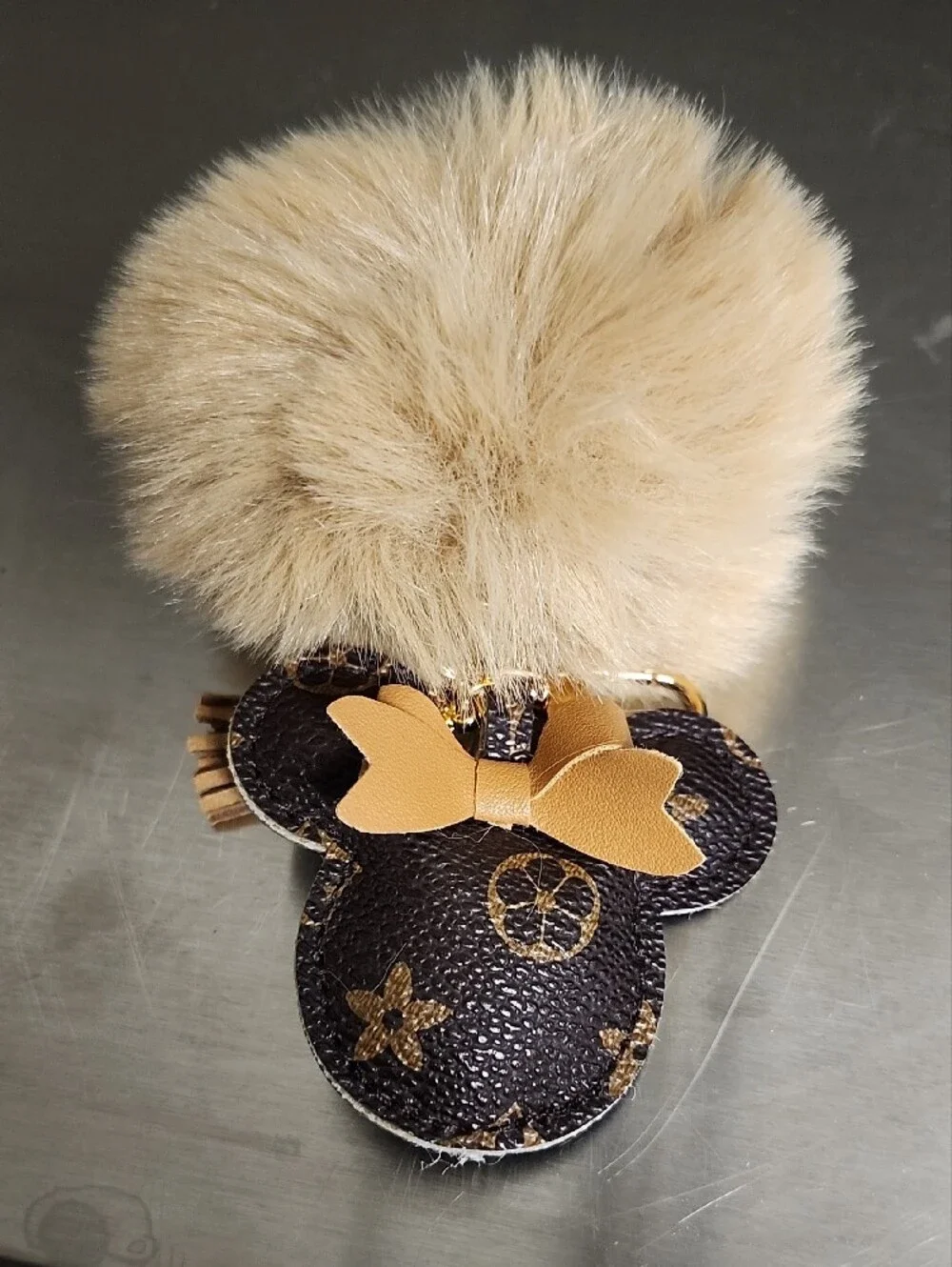 Unbranded Faux Fur Pom Pom Keychain with Brown Bow Accent